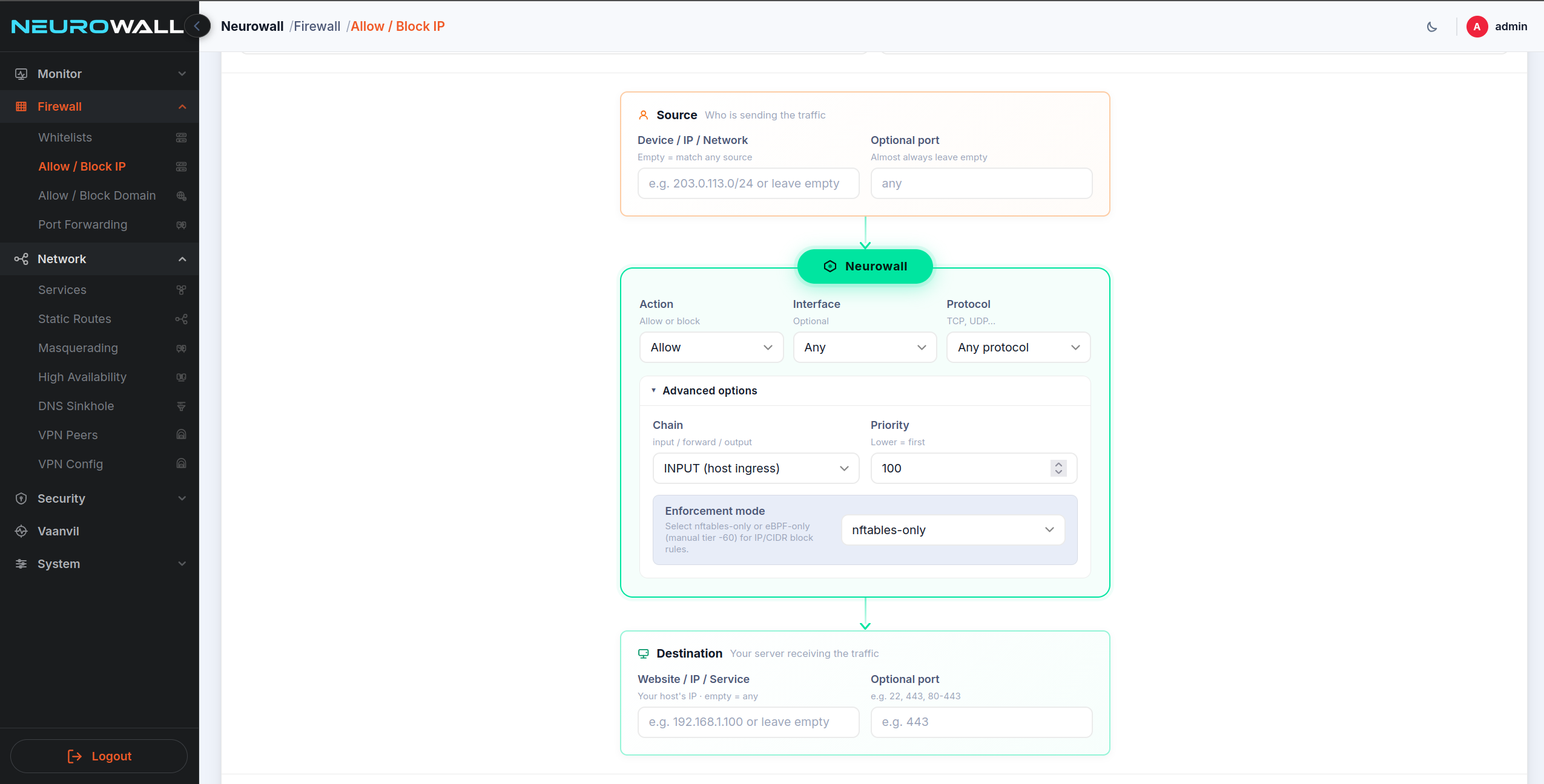 Neurowall rule builder — visual flow from Source to Neurowall action to Destination, with advanced options