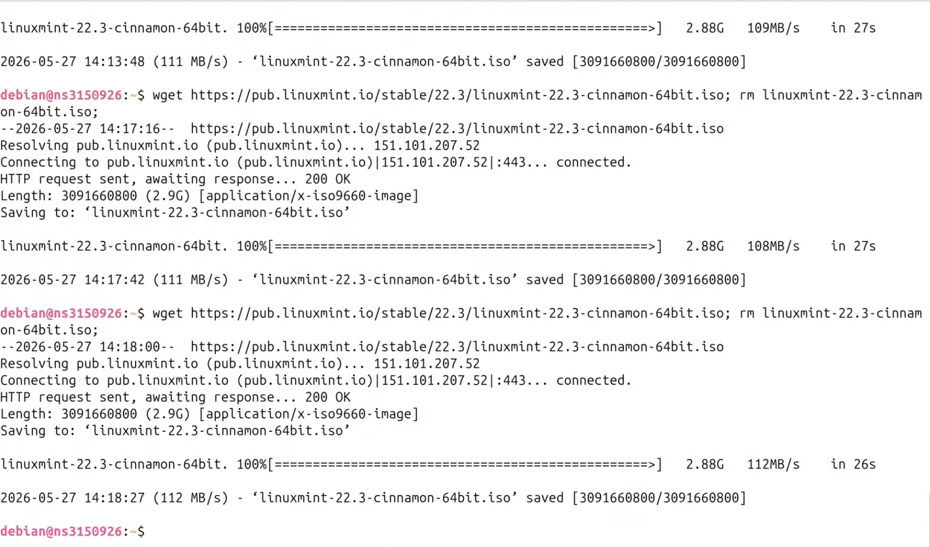 Terminal output showing three consecutive 2.88GB downloads at sustained 108-112 MB/s through Neurowall